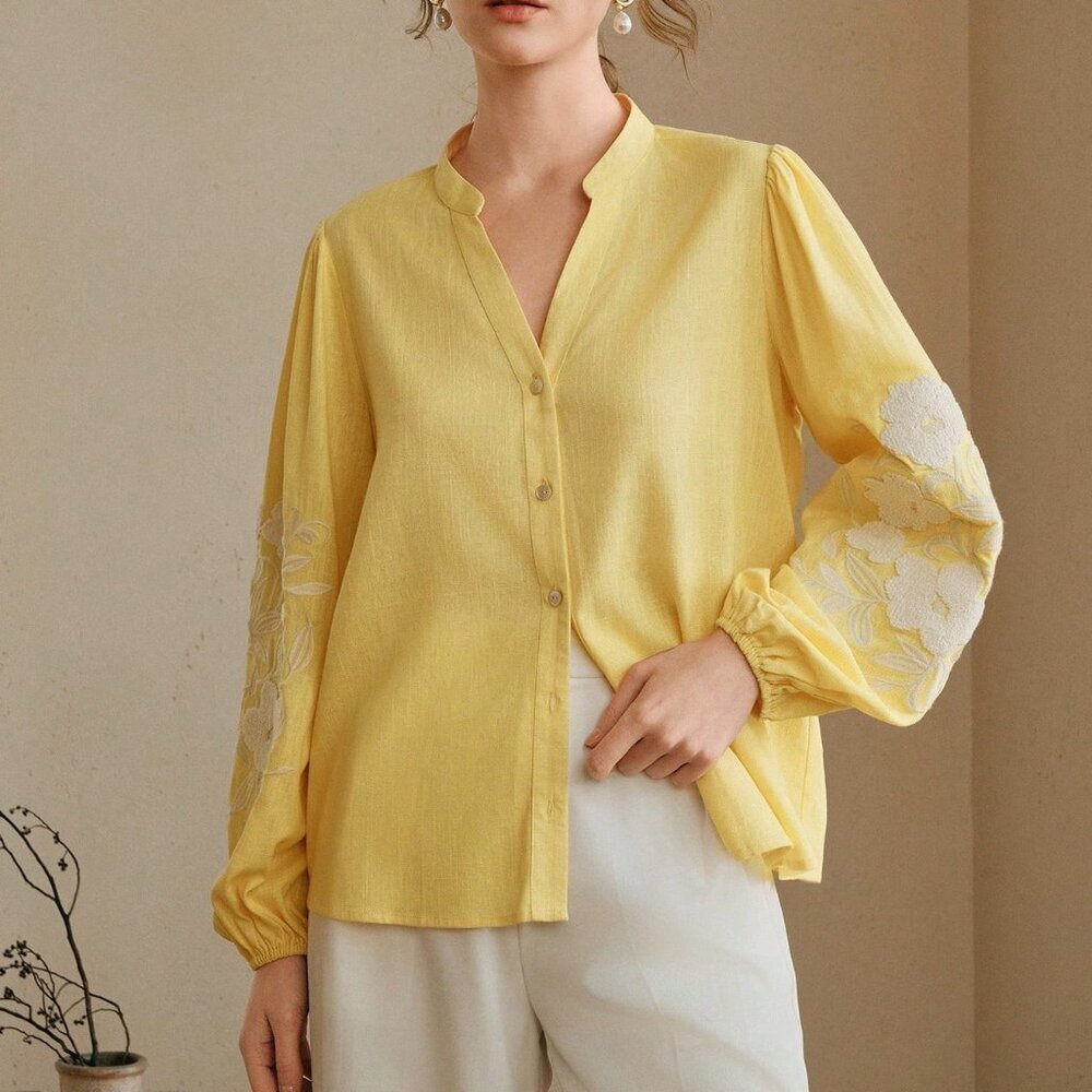Yellow Casual Women's Embroidered V-Neck Blouse